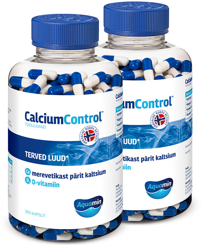 Natural Pharmaceuticals CalciumControl™ Kaks pakendit toidulisandit CalciumControl™ läbipaistvates pudelites siniste korgitega. Etiketil on kiri: „CalciumControl™ – TERVED LUUD”.