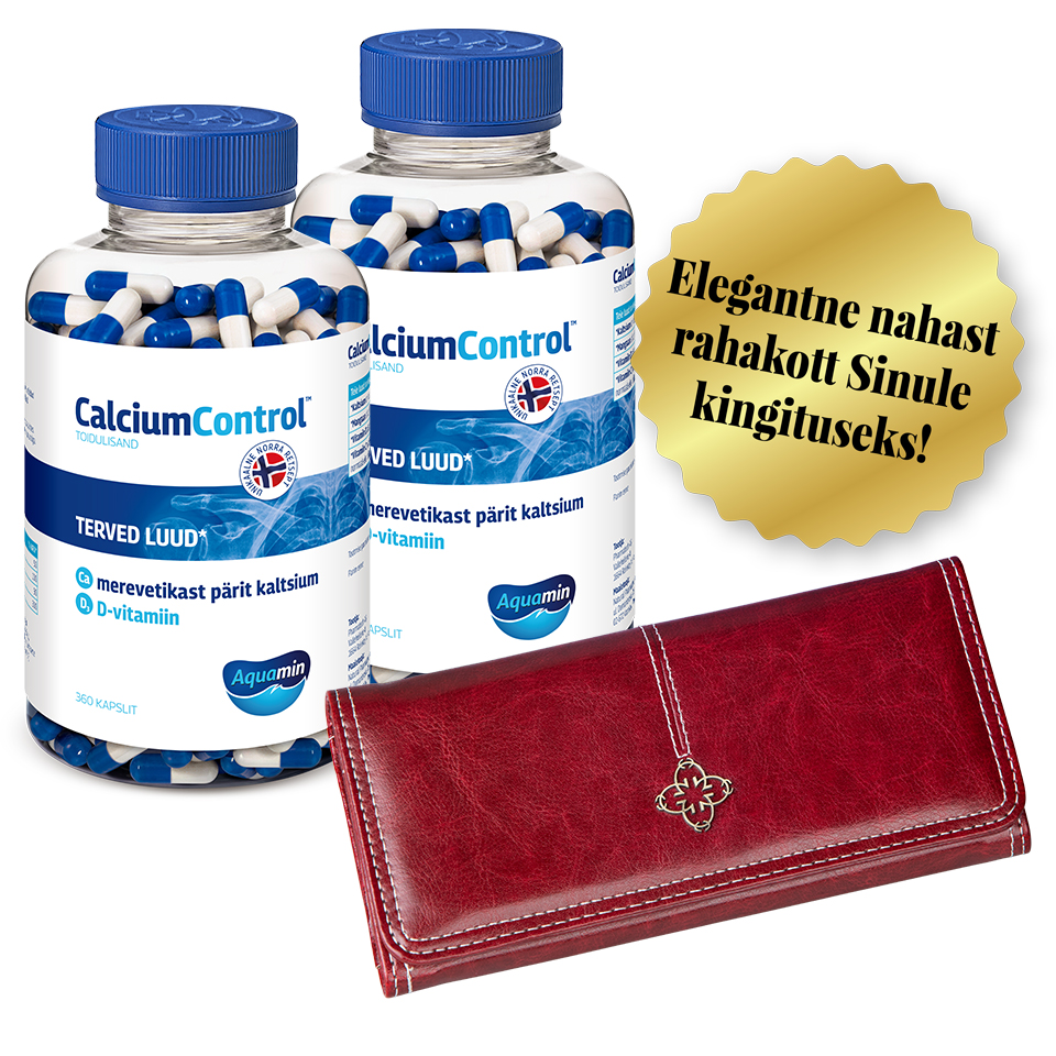 Natural Pharmaceuticals CalciumControl™ Kaks pakendit CalciumControl™ toidulisandit, mis sisaldab 360 kapslit merepäritolu kaltsiumi ja D-vitamiini. Kõrval on näha elegantne punane nahast rahakott ja kuldne silt eesti keeles: „Elegantne nahast rahakott Sinule kingituseks!”