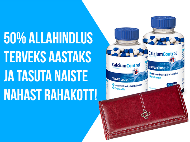 Natural Pharmaceuticals CalciumControl™ Kaks pakendit CalciumControl™ toidulisandit, mis sisaldab 360 kapslit merepäritolu kaltsiumi ja D-vitamiini. Kõrval on näha elegantne punane nahast rahakott ja kuldne silt eesti keeles: „Elegantne nahast rahakott Sinule kingituseks!”