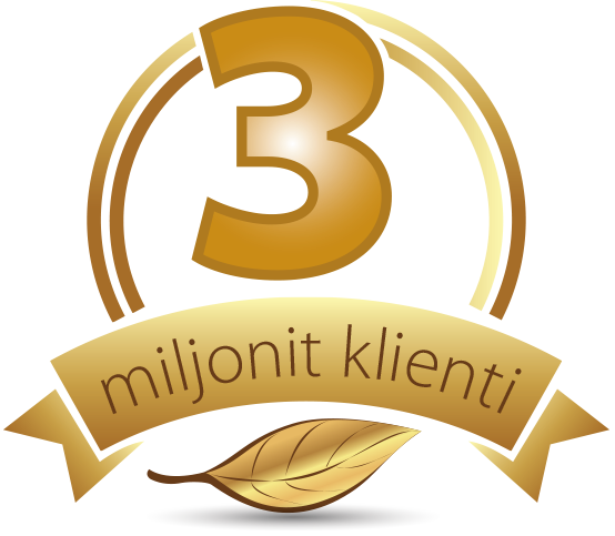 Natural Pharmaceuticals CalciumControl™ Kuldne embleem, millel on suur number 3 ja kiri „3 miljonit klienti”. Numeri all on kuldne lint ja leht dekoratiivse elemendina.